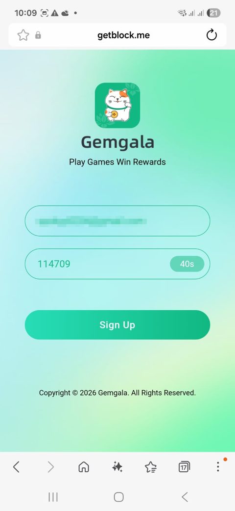 Gemgala email sign-up page