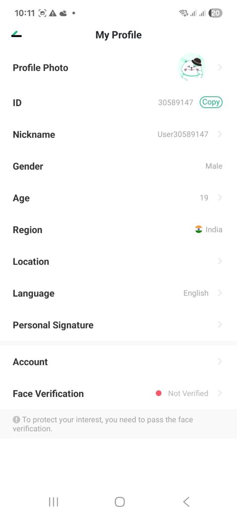 My Profile and face verification screen